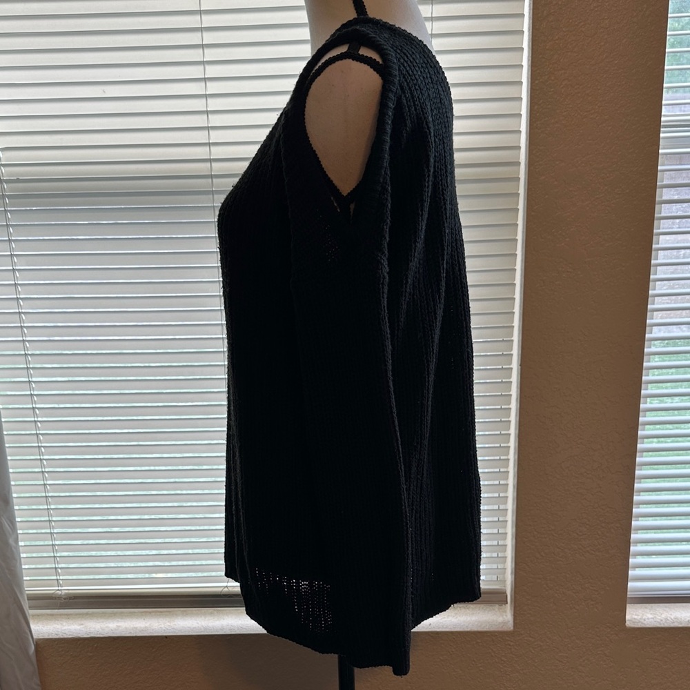 Ambiance Black Cold-Shoulder V-Neck Sweater - Picture 2 of 5